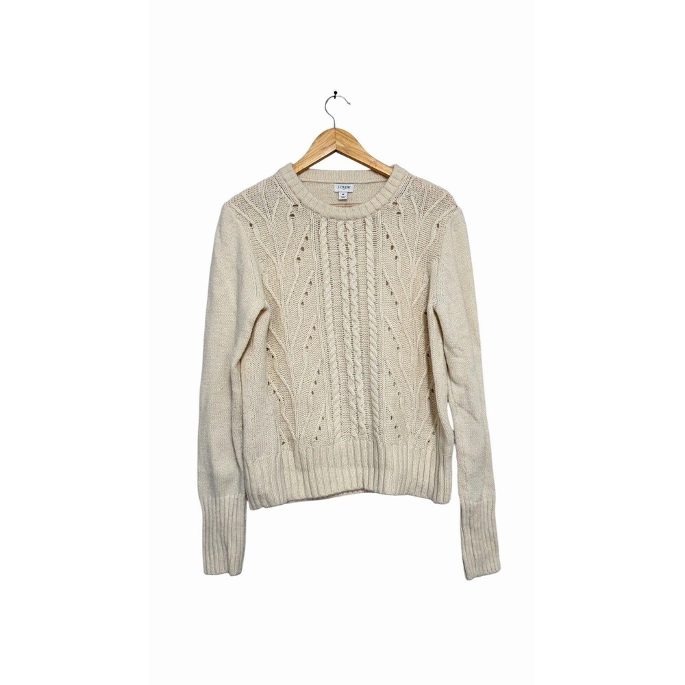 J.CREW Factory Cream Beige Cable-Knit Pullover Lambswool Sweater Medium Neutral